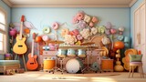 3D rendering of a colorful music room