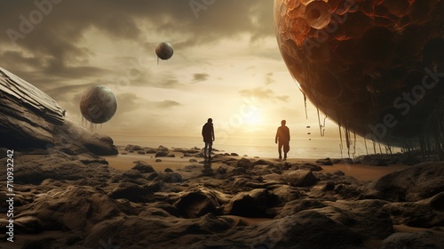 Two People on a Rocky Beach with Large Planetoids in the Sky
