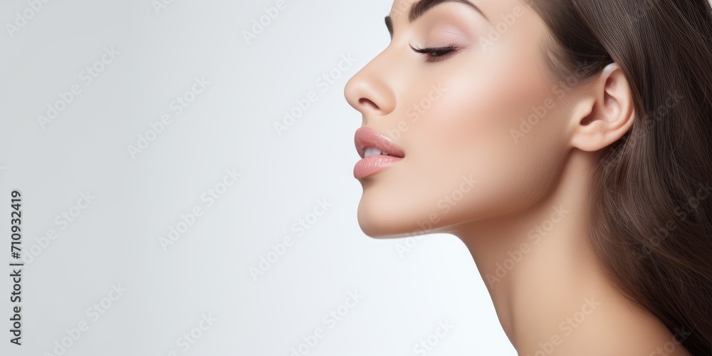 Beautiful model woman posing on white studio background, close up shot Beautiful model woman posing on white studio background, close up shot