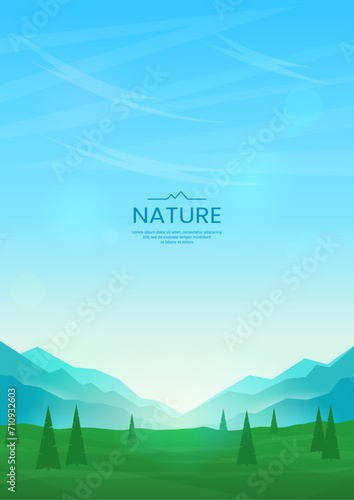 Fototapeta Naklejka Na Ścianę i Meble -  Flat vector image. Green valley and trees in the foreground. Mountains and hills in the distance. Dawn, sunrise. The concept of tourism, hiking. Poster, wallpaper, postcard, cover design.