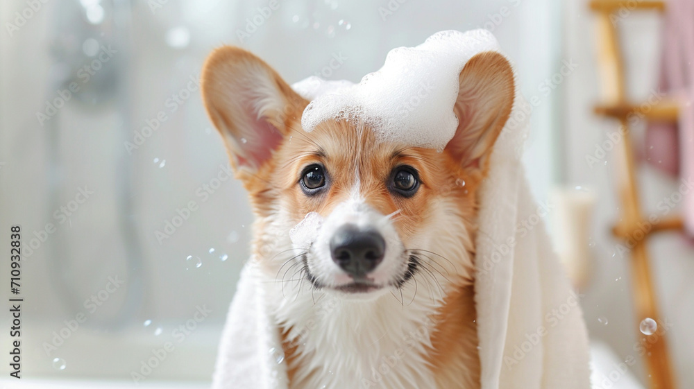Adorable cute pet taking a bath and covered in towel