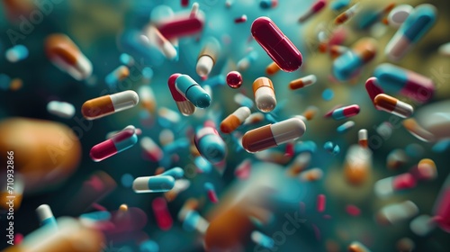 A vibrant array of assorted capsules and pills suspended in mid-air, showcasing a range of colors and sizes against a dark backdrop