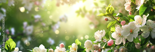 Spring background with beautiful apple blossoms, banner. copy space.