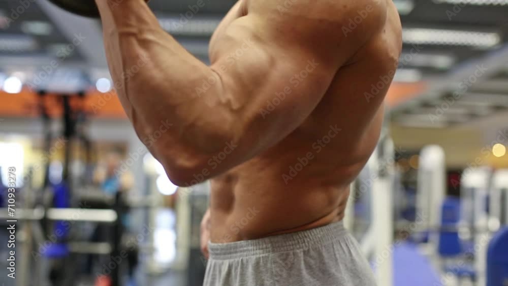 Muscular torso and hands with dumbbells of man standing Muscular torso and hands with dumbbells of man standing