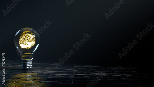 A light bulb with a glowing brain inside, in a low lighting environment, 3d illustration photo