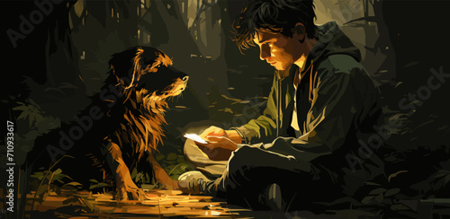 teenage boy sitting and looking at a puppy that lost in the forest, digital art style, illustration painting