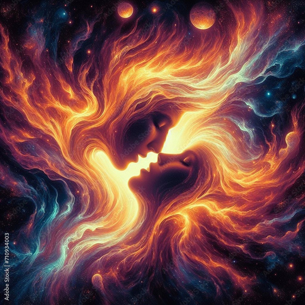 Twin flame couple. Soulmates. The concept of magical, esoteric, tantric