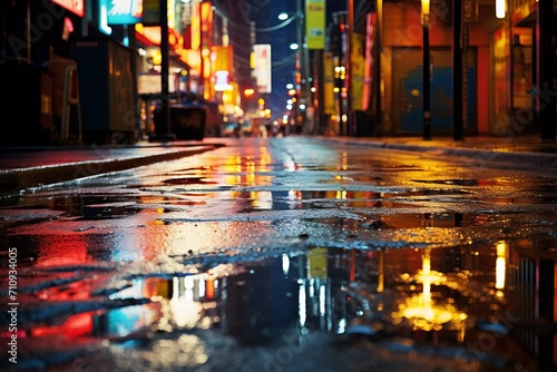 Close-up of urban rain with reflections in puddles