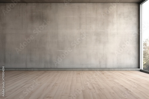 Bright empty room with wooden floor and large windows