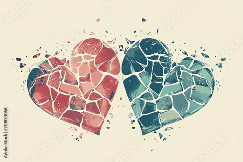 Broken hearts illustration concept. Valentine's red and blue hearts. photo