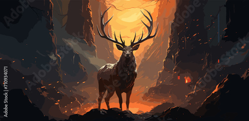 the deer with its fire horns standing on rocks in winter landscape, digital art style, illustration painting