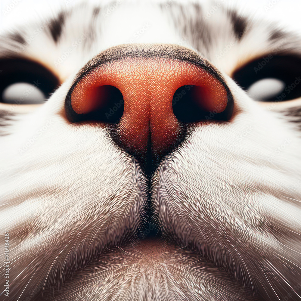 extreme close up detail shot of cat nose and mouth sniffing on a solid white background copy space. ai generative - obrazy, fototapety, plakaty 