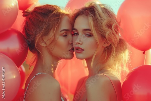 Two beautiful women kissing each other. Valentines day celebration concept