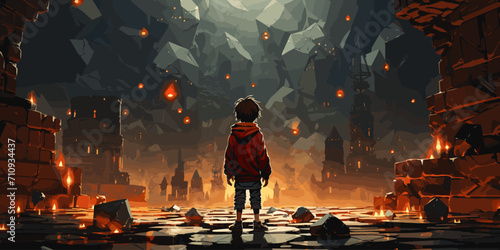 child with spear standing in a cave full of many futuristic stone blocks, digital art style, illustration painting