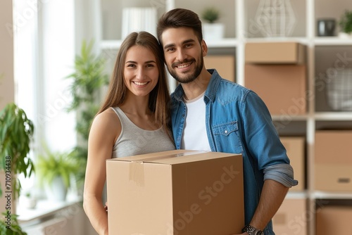 Smiling young couple holding a cardboard box at a new apartment © piai