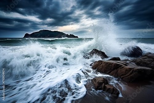 Seaside under cloudy skies with powerful waves, background wallpaper