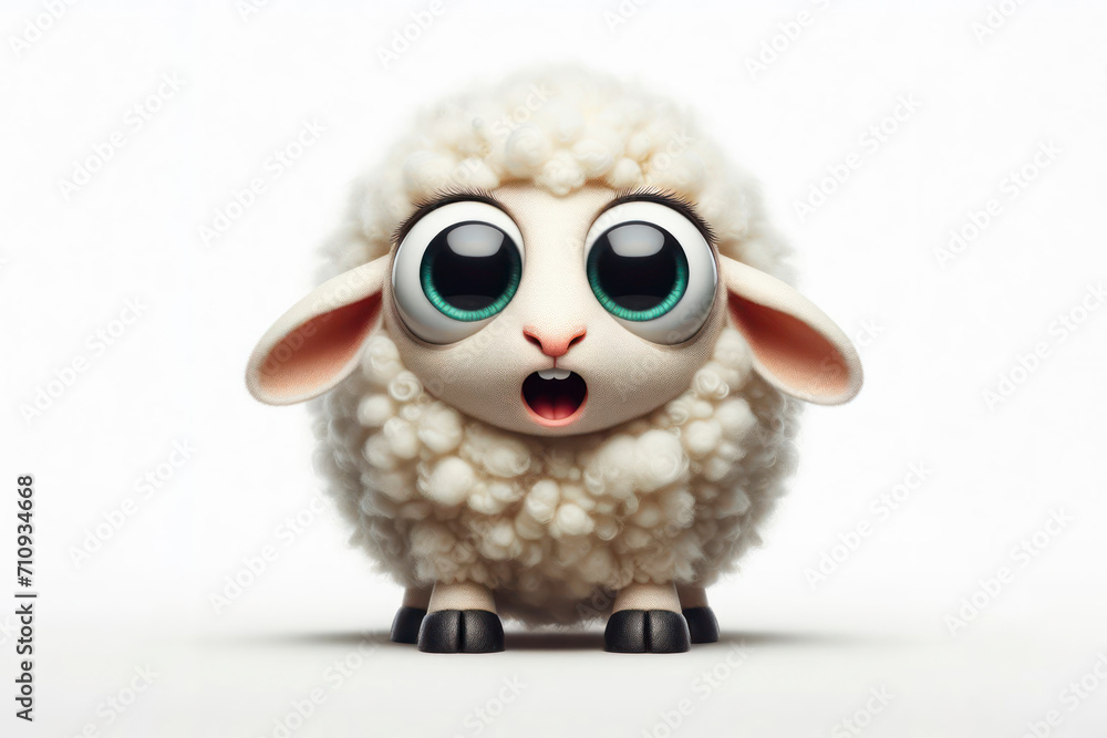 full body Funny Portrait of surprised a sheep with Huge Eyes on solid white background. ai generative