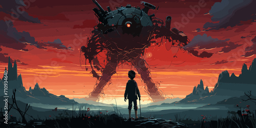 the boy walking to the broken giant robot which is being repaired in old factory, digital art style, illustration painting