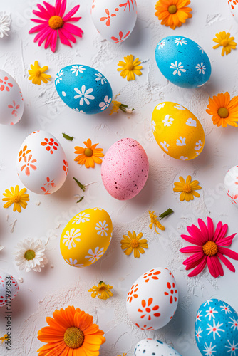 Painted easter eggs and flowers pattern. Background for holiday messages