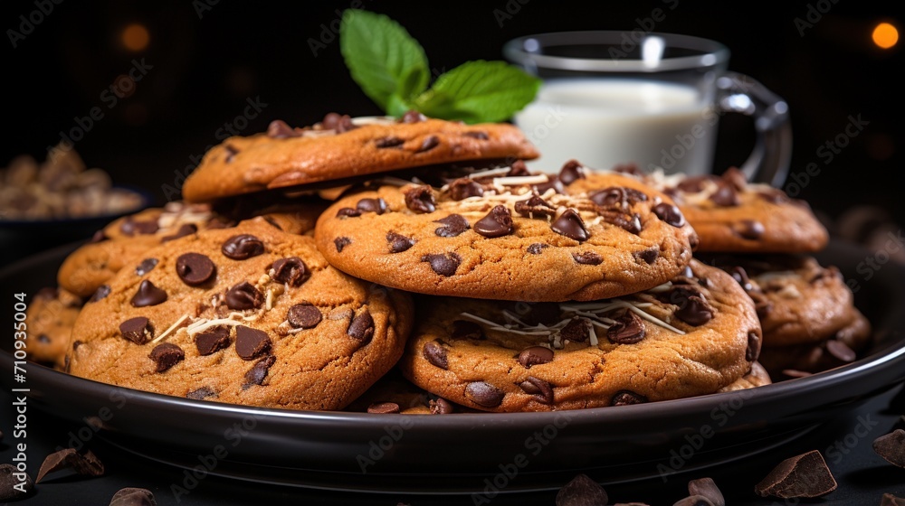 A plate full of chocolate chip cookies with a glass of milk A plate full of chocolate chip cookies with a glass of milk