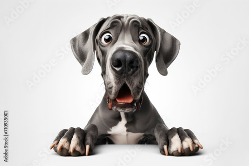 full body photo Funny Portrait of surprised Great Dane dog with Huge Eyes on solid white background. ai generative photo