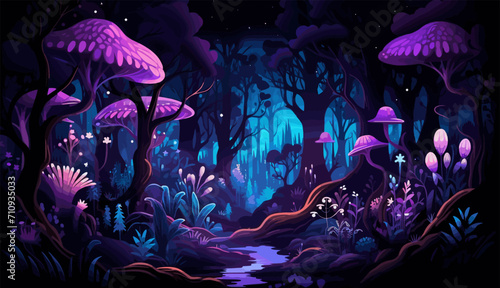 mystical forest with bioluminescent plants vector isolated illustration