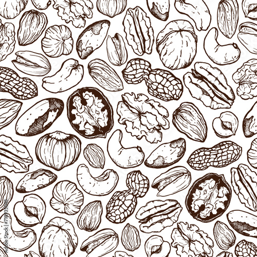Vector line art seamless pattern of mix nuts. Hand painted pistachio, walnut, hazelnut and almond on white background. Tasty food illustration for design, print, fabric or background.