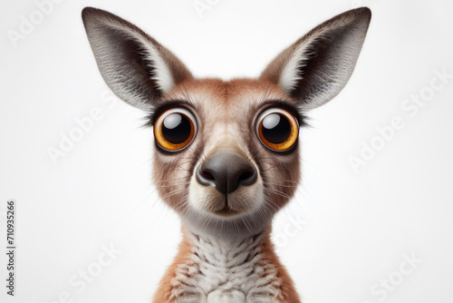 Funny Portrait of surprised kangaroo with Huge Eyes on solid white background. ai generative