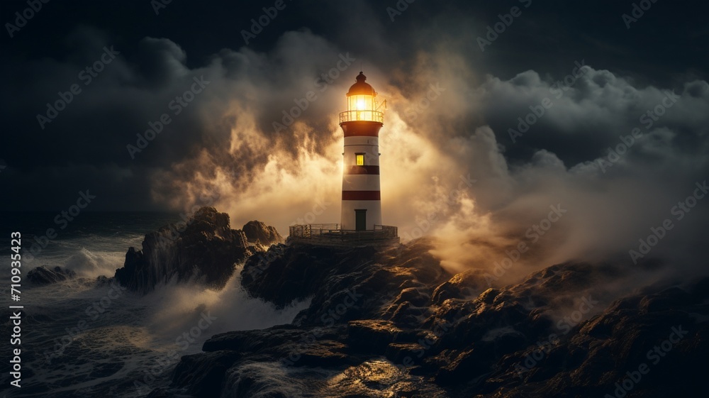 A dramatic storm brewing over the open ocean, with waves crashing against a solitary lighthouse standing strong against the elements -Generative Ai