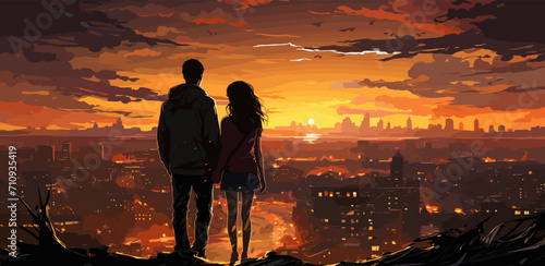 young couple standing on the roof top looking at cityscape at sunset, digital art style, illustration painting