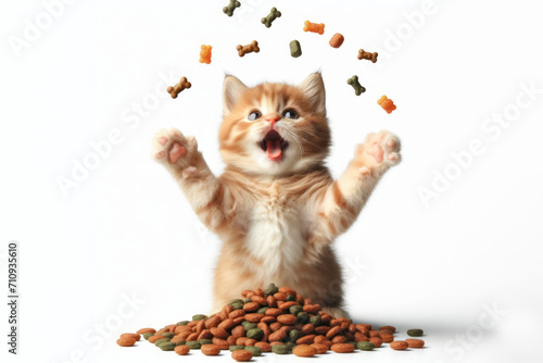 Happy little kitten with delicious pet food falling from the up on solid white background. ai generative photo