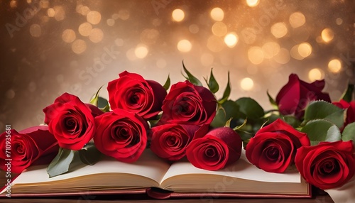 Bouquet of red roses on bokeh background. Greeting card for Valentine s Day  birthday  wedding  anniversary or Mother s Day