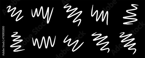 Doodle spring and spiral set, hand drawn coil icons. Vector flexible metal lines on black background for design