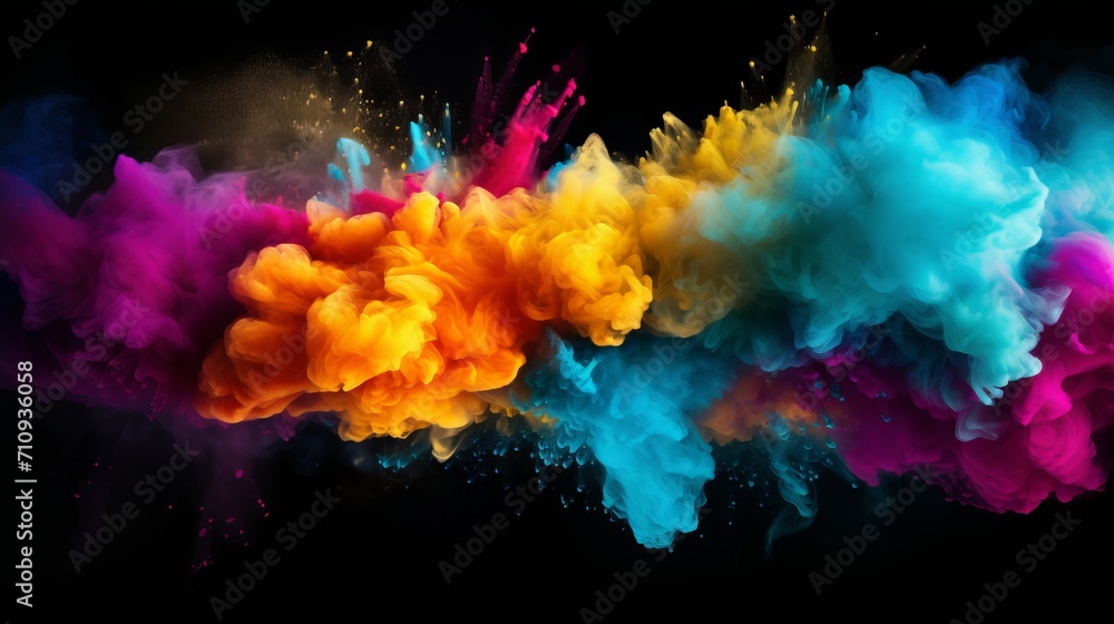 A dust explosion that is abstractly colored and has abstract powder splatters on a black background.