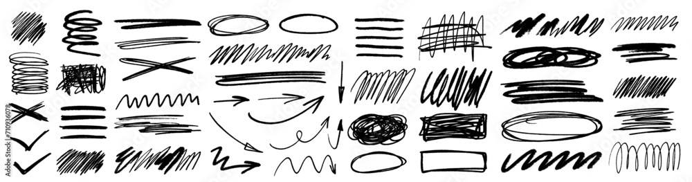 Grunge scrawls, charcoal scribbles, rough brush strokes, underlines, circles. Bold charcoal freehand stripes, ink shapes, arrows, marks. Crayon or marker scribbles. Vector illustration Grunge scrawls, charcoal scribbles, rough brush strokes, underlines, circles. Bold charcoal freehand stripes, ink shapes, arrows, marks. Crayon or marker scribbles. Vector illustration