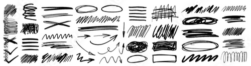 Grunge scrawls, charcoal scribbles, rough brush strokes, underlines, circles. Bold charcoal freehand stripes, ink shapes, arrows, marks. Crayon or marker scribbles. Vector illustration