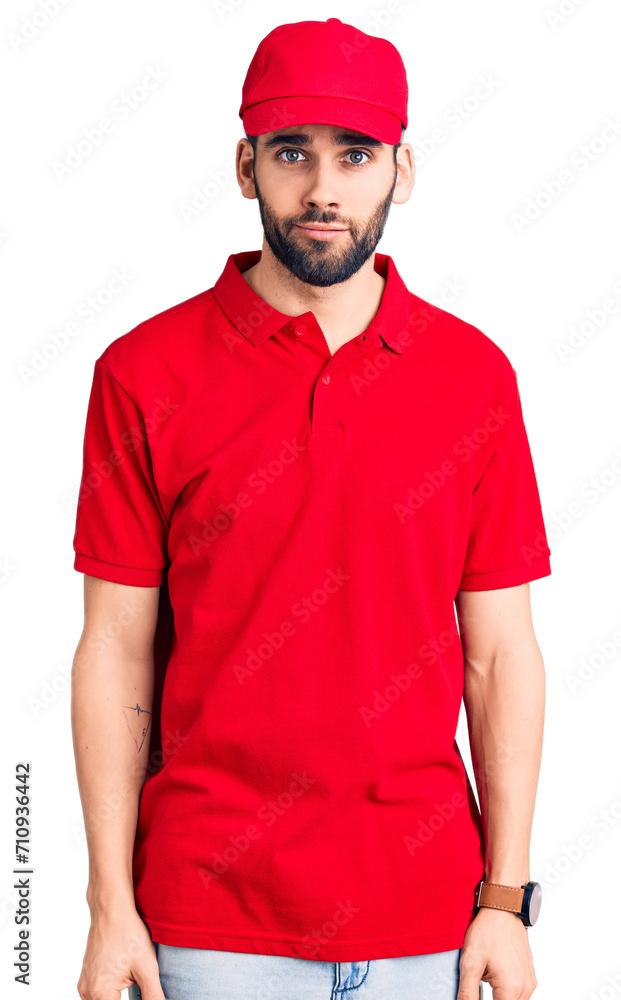 Young handsome man with beard wearing delivery uniform skeptic and nervous, frowning upset because of problem. negative person.