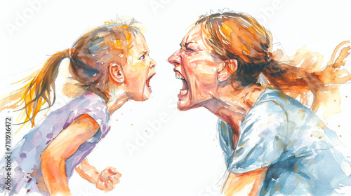 Abusive mother illustration, bad mother scream, victim child, despotic parent, psychological violence abuse.