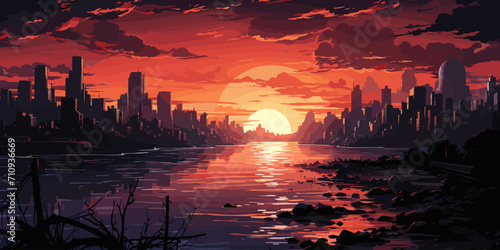 scenery of dirty street in abandoned city at sunset with digital art style, illustration painting