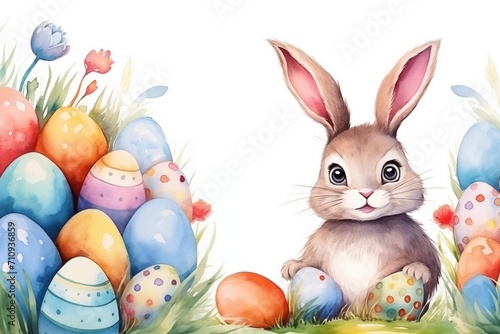 Easter bunny and Easter eggs painted with watercolor paints in the style of a children s illustration