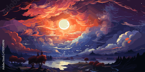 vector illustration of cumulonimbus clouds at night with a background of starry night and a big full moon vector flat bright colors