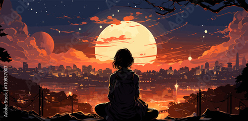 woman sitting outside against the futuristic city scene in the background, vector illustration