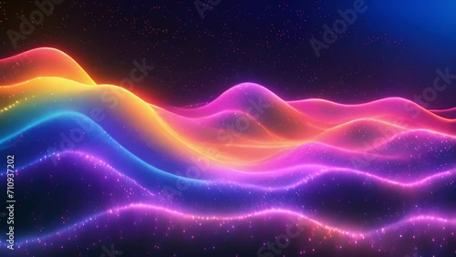 Neon rainbow retro waves moving on black background. glowing neon lines, abstract background, equalizer, signal chart, ultraviolet spectrum, laser show, impulse power, energy, chaotic waves, looped an photo