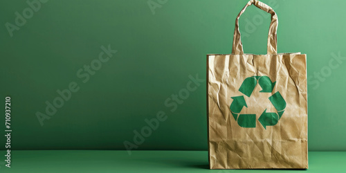 Paper bag with a recycle symbol on it, green background with space for copy photo