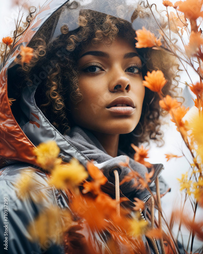 double exposure portrait of a black girl in winter nature, generated with AI