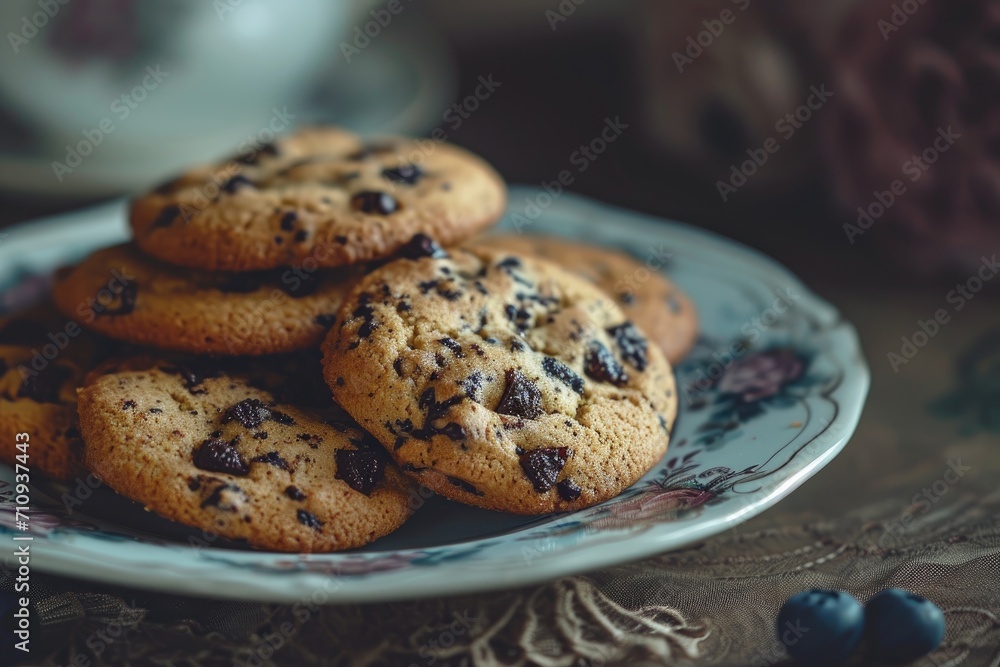 Tasty cookies on a plate on table, cozy atmosphere