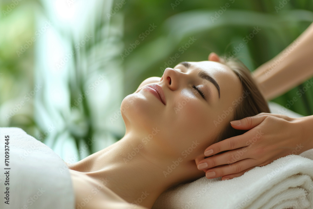 Relaxed Woman Receiving Head Massage at Spa Salon Relaxed Woman Receiving Head Massage at Spa Salon