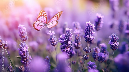 Field of lavender flower and butterfly in a meadow in nature in the rays of sunlight Sunny summer spring nature background, close-up of a macro, purple royal colors and beautiful bokeh,  illustration. © Julia
