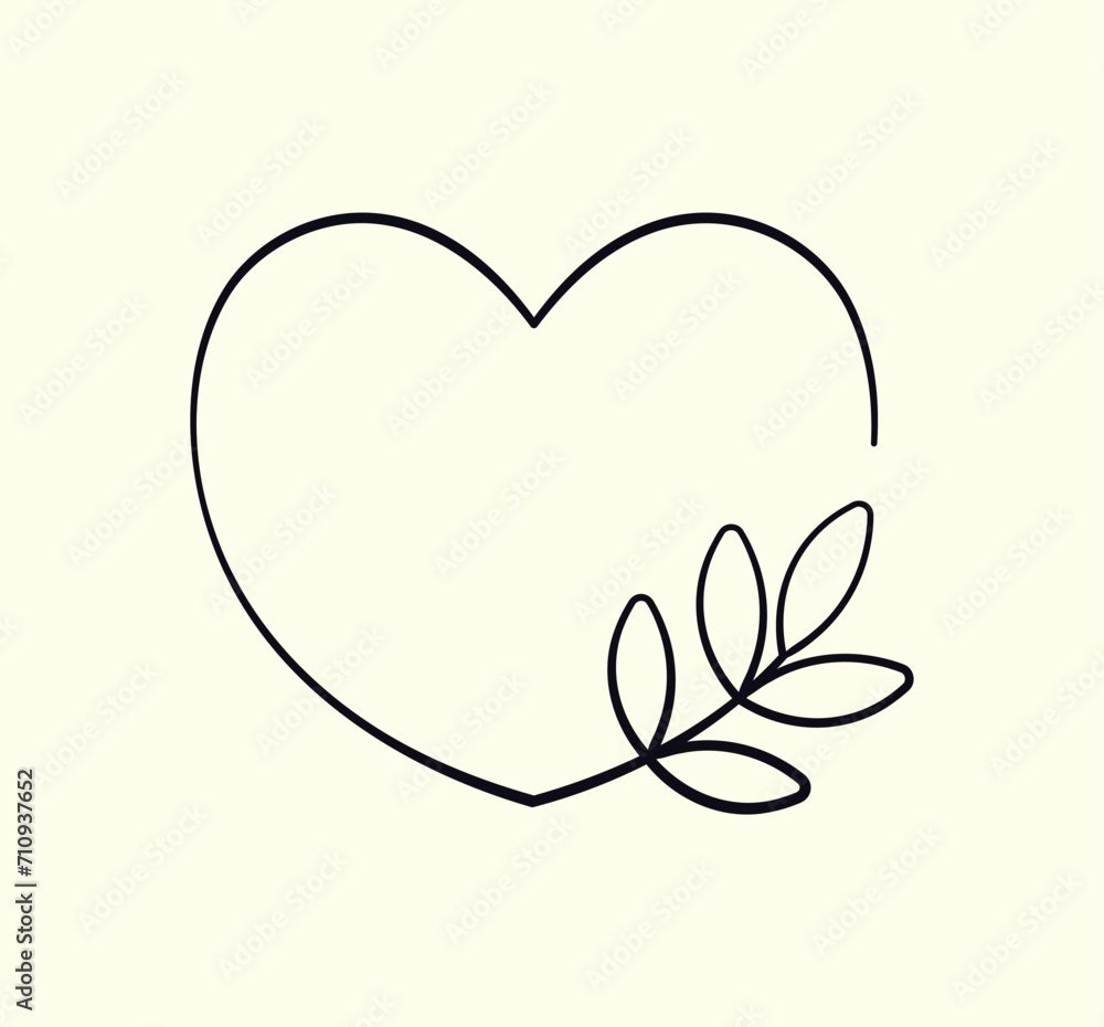 Frame in the shape of a heart with a small leaf. Graphic design element, botanical border in the shape of a heart in a simple minimalistic style. Black and white drawing. Vector illustration. Frame in the shape of a heart with a small leaf. Graphic design element, botanical border in the shape of a heart in a simple minimalistic style. Black and white drawing. Vector illustration.