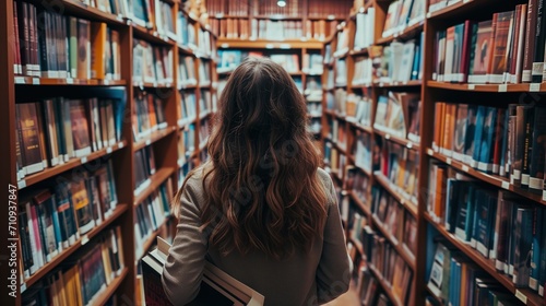 Woman Carries notebook at Library Filled With Books photo